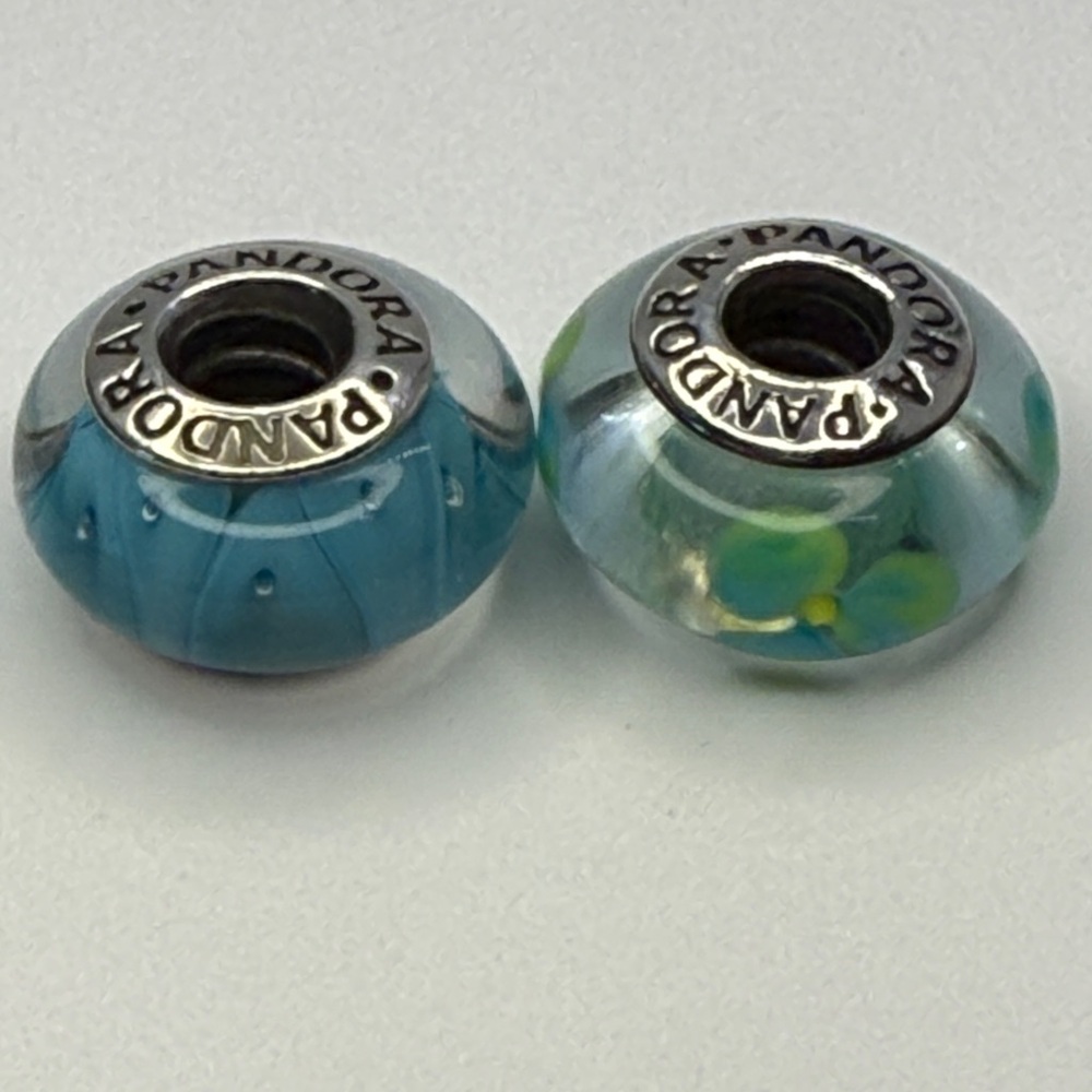 Retired Pandora Murano Glass Charms – Aqua Swirl & Blue Floral Pair